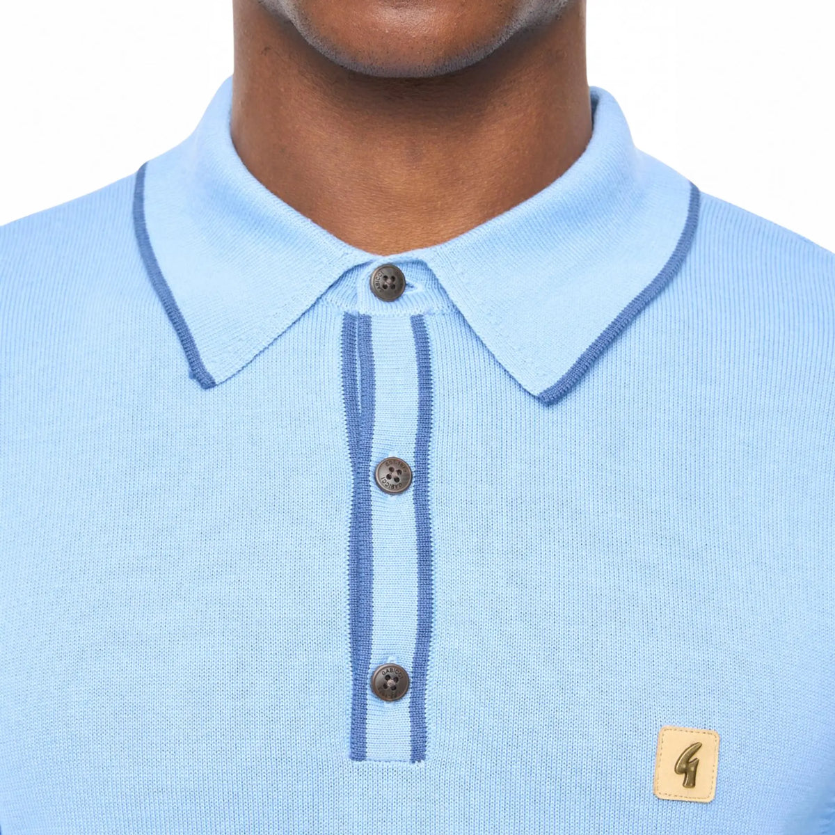 Buy Gabicci Vintage Sky Blue Lineker Trim Collar Long Sleeve Knitted Polo | Short-Sleeved Polo Shirtss at Woven Durham