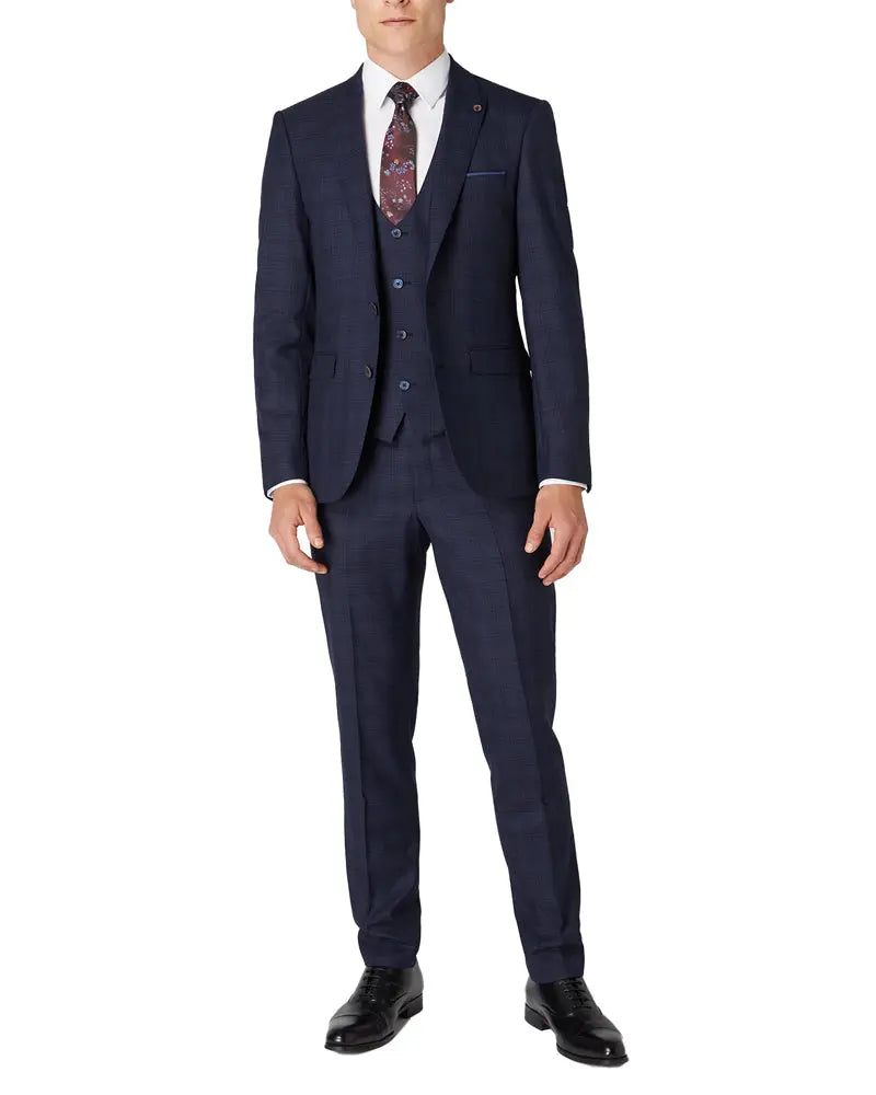 Remus Uomo Micro Check Peak Lapel Trouser - Navy / Brown From Woven Durham