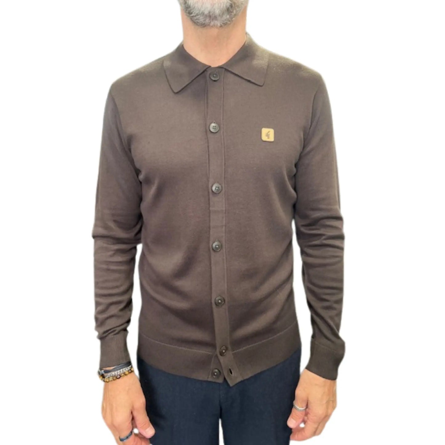 Buy Gabicci Vintage Azim Button-Thru Knitted Polo - Brown | Long-Sleeved Polo Shirtss at Woven Durham