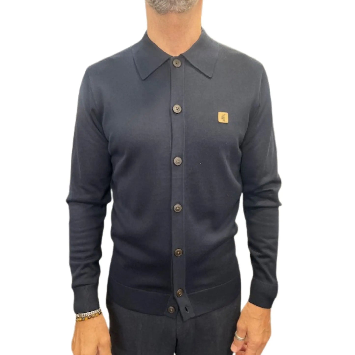 Buy Gabicci Vintage Azima Button-Thru Knitted Polo - Navy | Long-Sleeved Polo Shirtss at Woven Durham