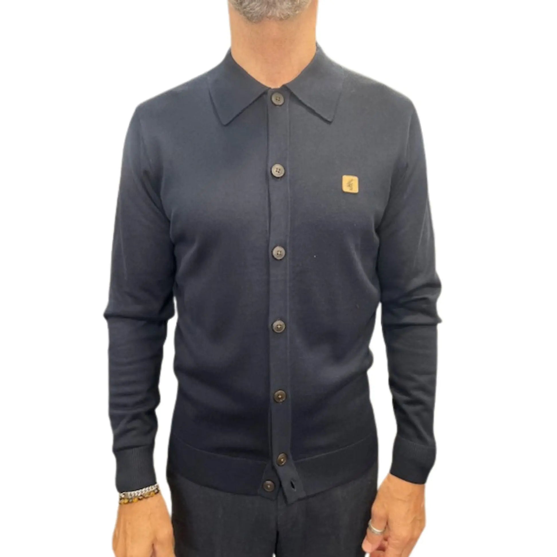 Buy Gabicci Vintage Azima Button-Thru Knitted Polo - Navy | Long-Sleeved Polo Shirtss at Woven Durham