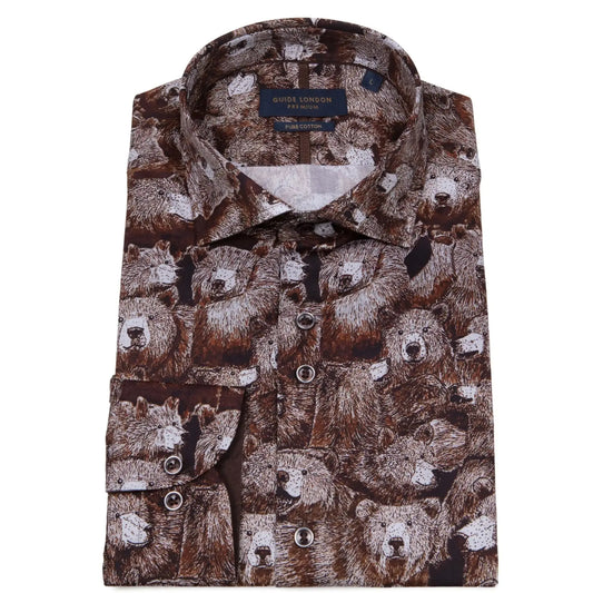 Bear Print Brown Long-Sleeve Shirt