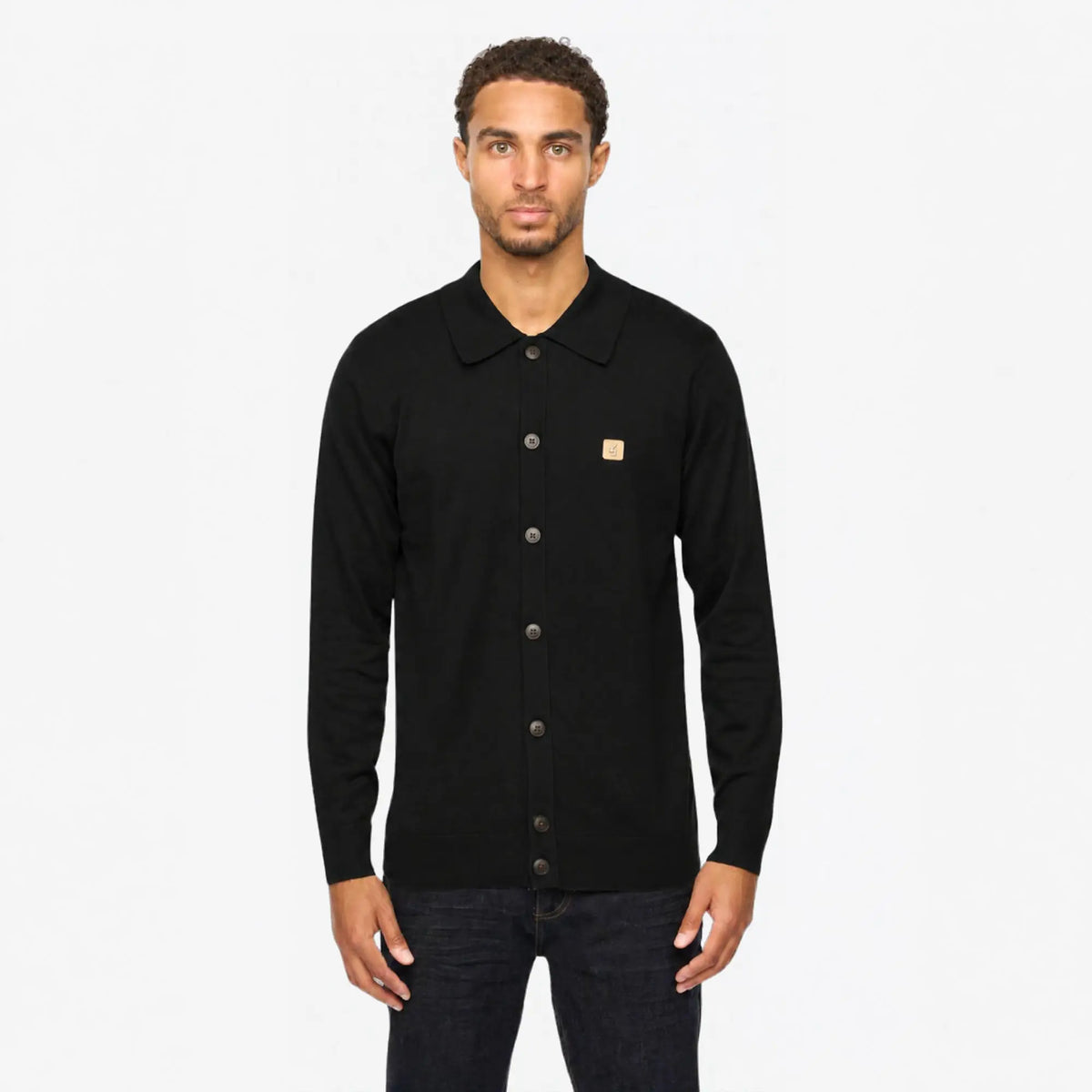 Buy Gabicci Vintage Black Azima Button-Thru Knitted Polo | Long-Sleeved Polo Shirtss at Woven Durham