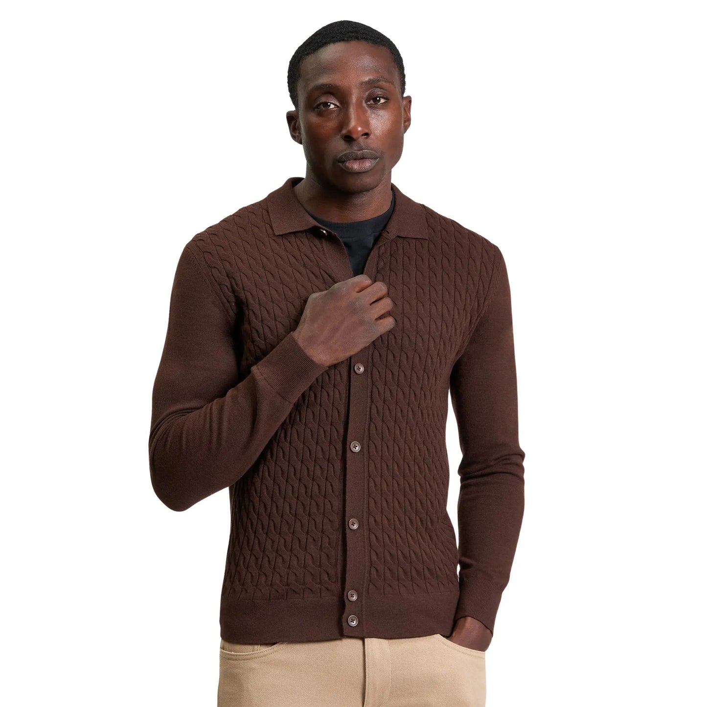 Buy Ben Sherman Button-Through Cable Polo - Brown | Long-Sleeved Polo Shirtss at Woven Durham