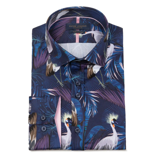 Buy Guide London Crane Print Shirt - Navy | Long-Sleeved Shirtss at Woven Durham