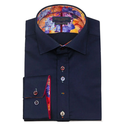 Buy Guide London Cut Away Collar Shirt with Contrast Floral Trim - Navy | Long-Sleeved Shirtss at Woven Durham