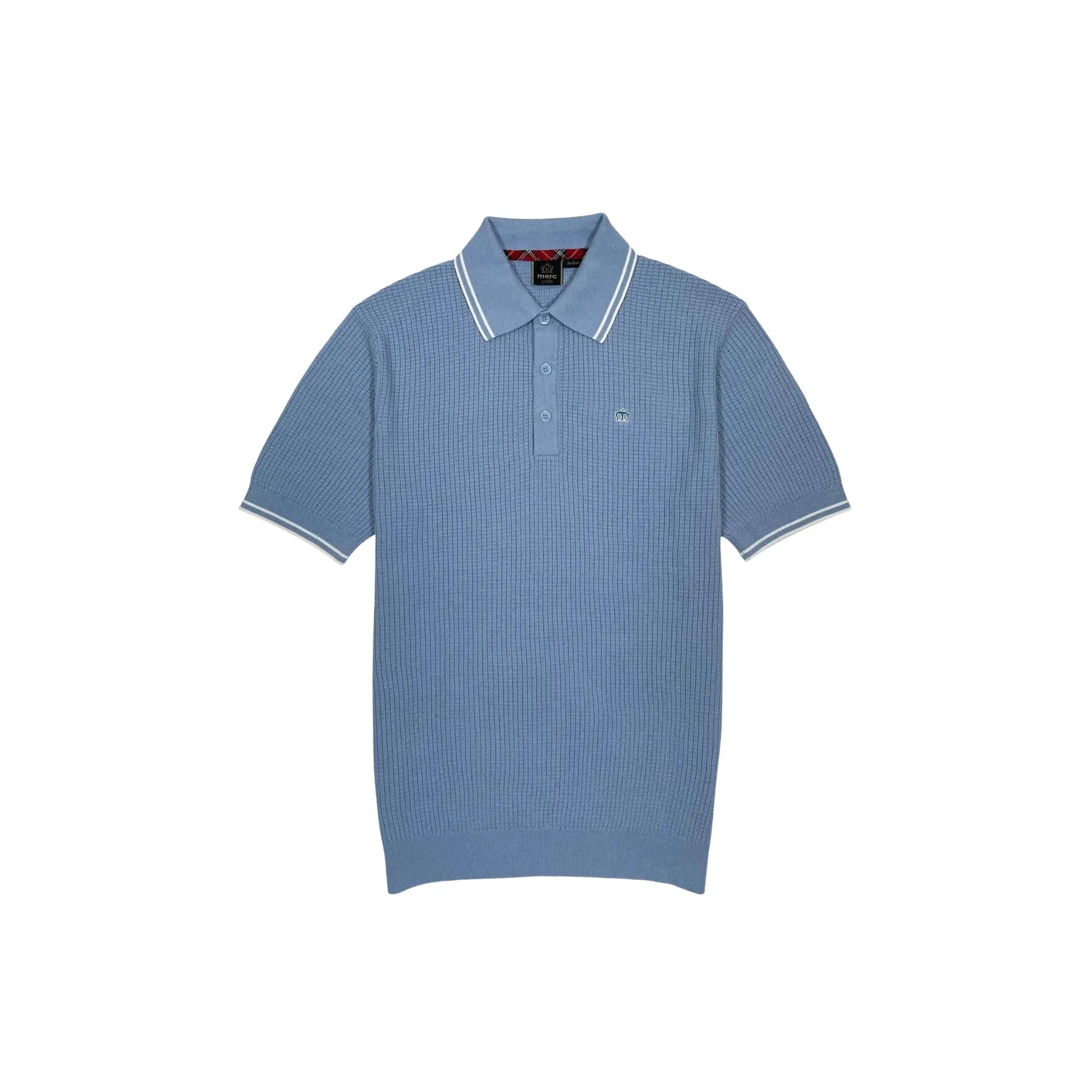 Buy Merc London Edmund Dust Blue Knitted Polo | Short-Sleeved Polo Shirtss at Woven Durham