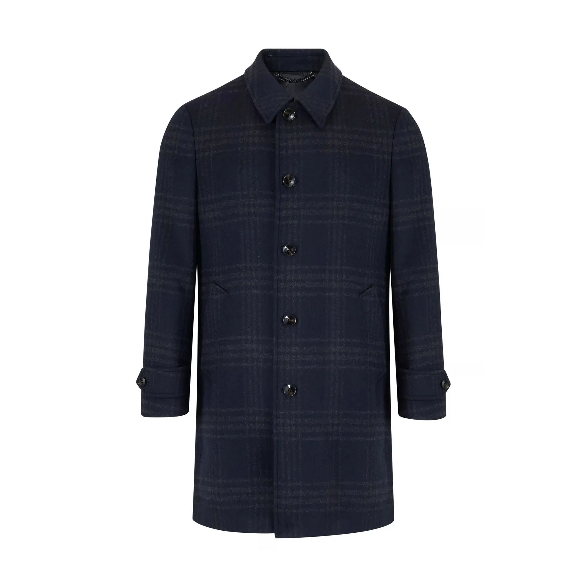 Buy Douglas & Grahame Edwards Check Overcoat - Navy | Overcoatss at Woven Durham
