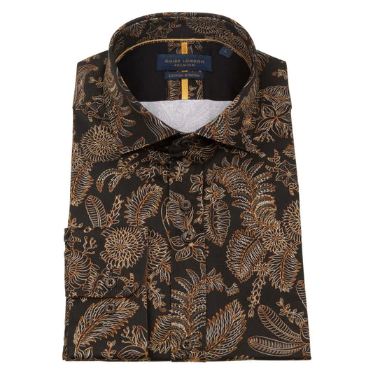 Buy Guide London Floral Leaf Motif Shirt - Black / Gold | Long-Sleeved Shirtss at Woven Durham