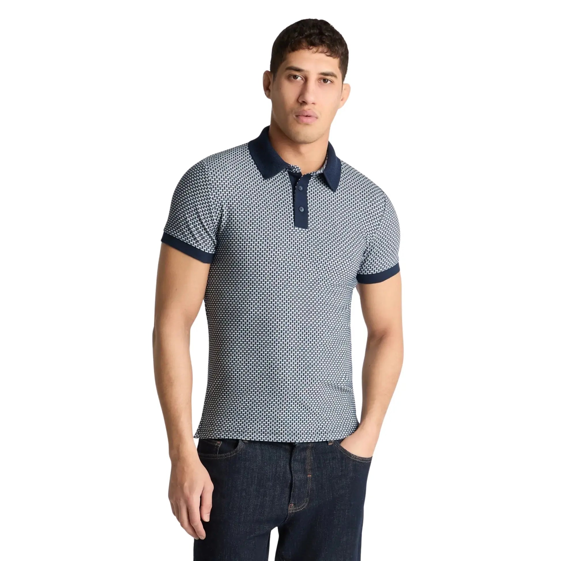 Buy Remus Uomo Geometric Pattern Knitted Polo - Navy | Short-Sleeved Polo Shirtss at Woven Durham