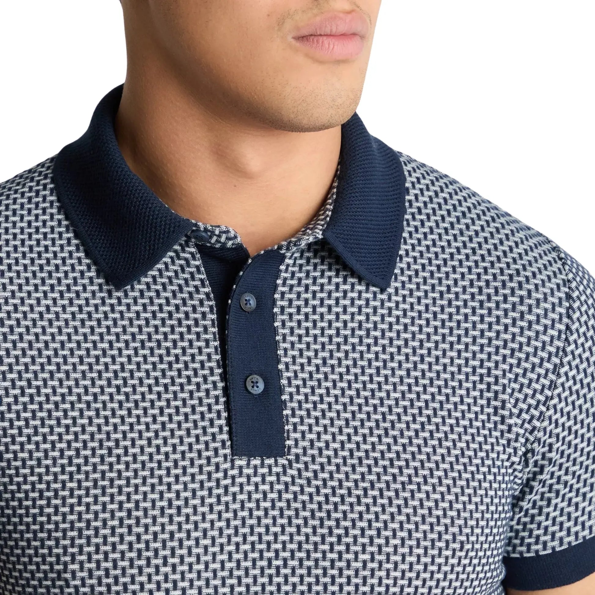 Buy Remus Uomo Geometric Pattern Knitted Polo - Navy | Short-Sleeved Polo Shirtss at Woven Durham