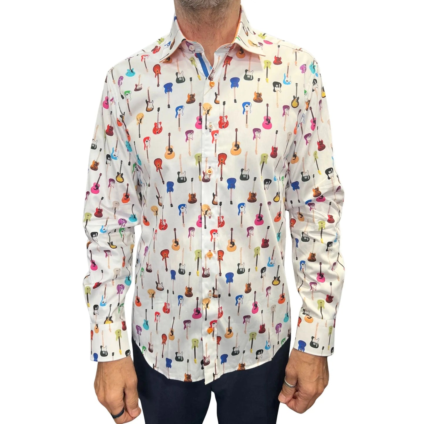Buy Claudio Lugli Guitar Print Shirt - White | Long-Sleeved Shirtss at Woven Durham