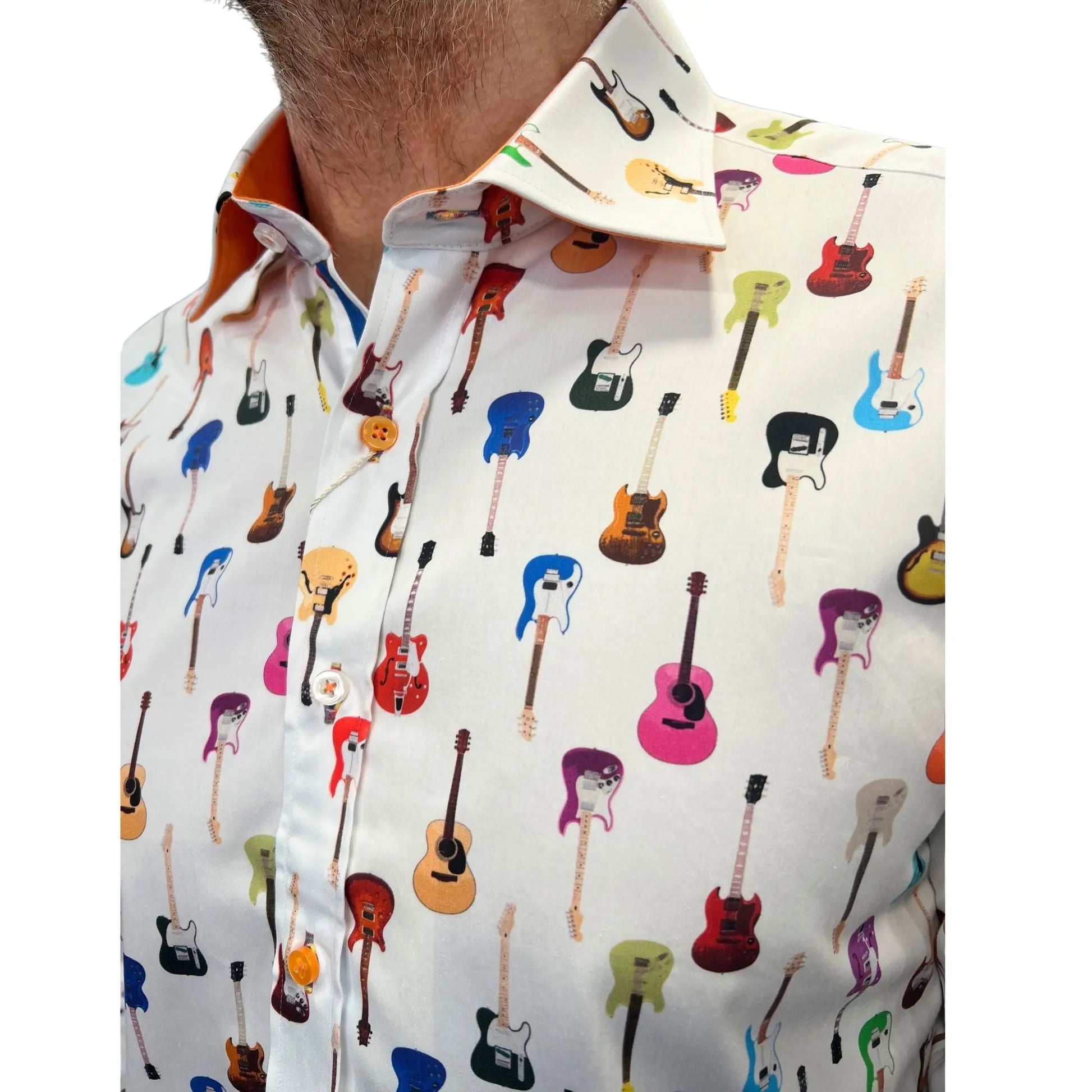 Buy Claudio Lugli Guitar Print Shirt - White | Long-Sleeved Shirtss at Woven Durham