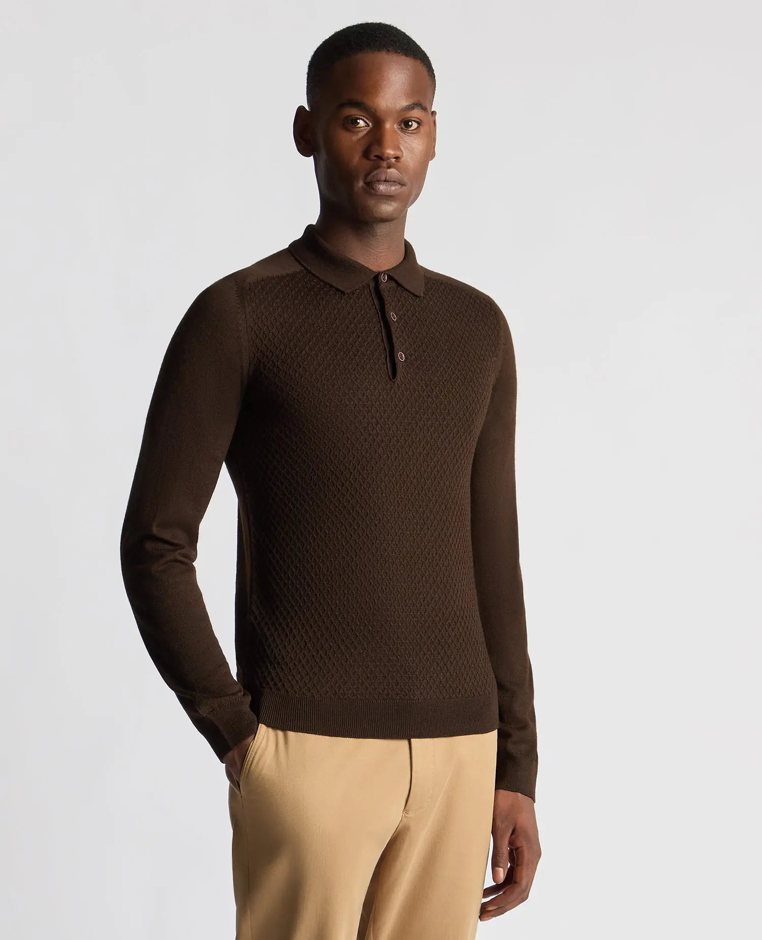 Buy Remus Uomo Long Sleeve Knit Polo - Dark Brown | Long-Sleeved Polo Shirtss at Woven Durham