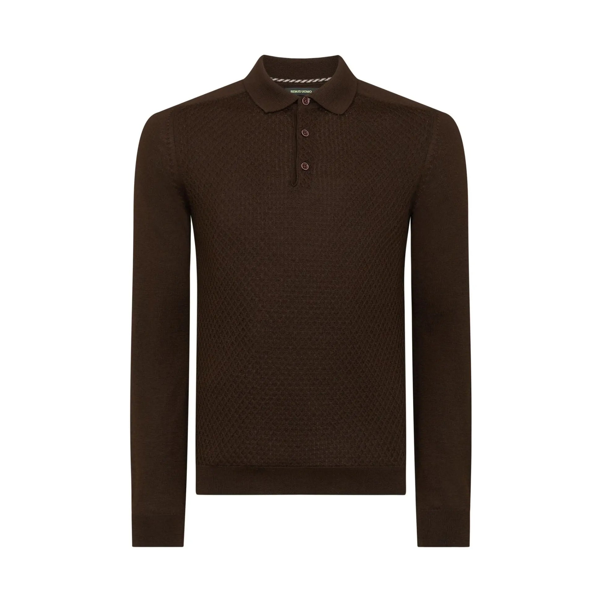 Buy Remus Uomo Long-Sleeved Knitted Polo - Dark Brown | Long-Sleeved Polo Shirtss at Woven Durham