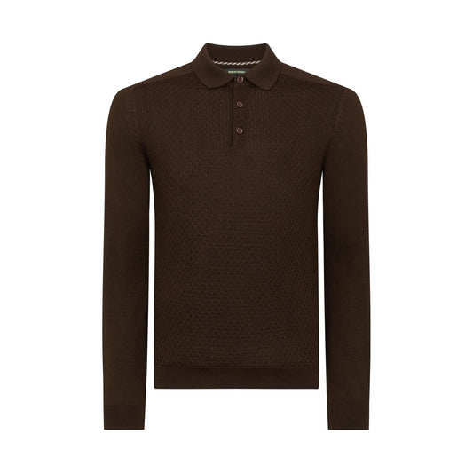 Buy Remus Uomo Long-Sleeved Knitted Polo - Dark Brown | Long-Sleeved Polo Shirtss at Woven Durham