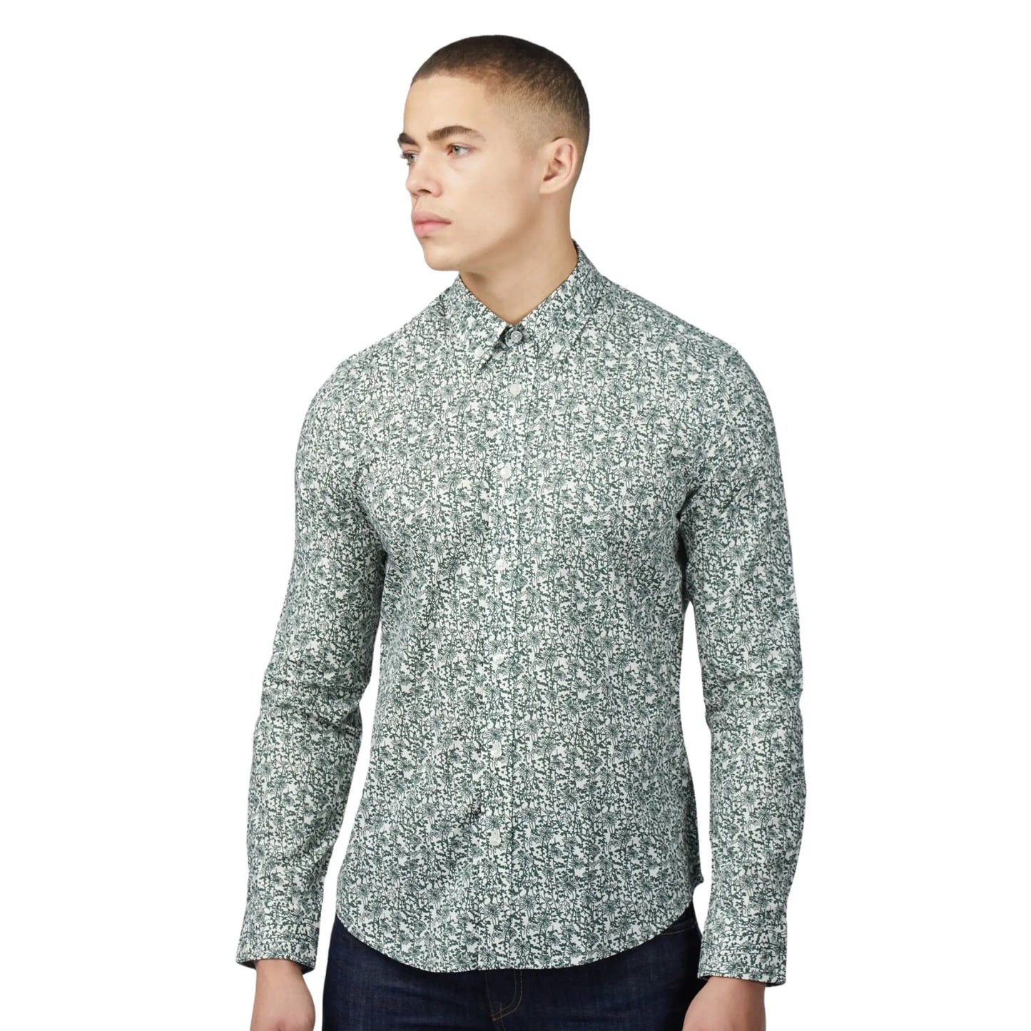 Buy Ben Sherman Mono Floral Print Shirt - Green | Short-Sleeved Shirtss at Woven Durham