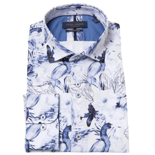 Bird and Floral Print Long-Sleeve Shirt - White/Navy