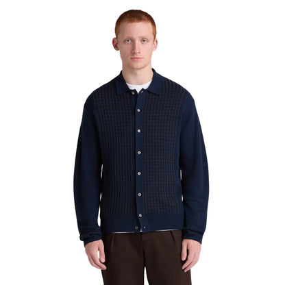 Buy Remus Uomo Navy Long Sleeve Button Thru Textured Polo | Long-Sleeved Polo Shirtss at Woven Durham