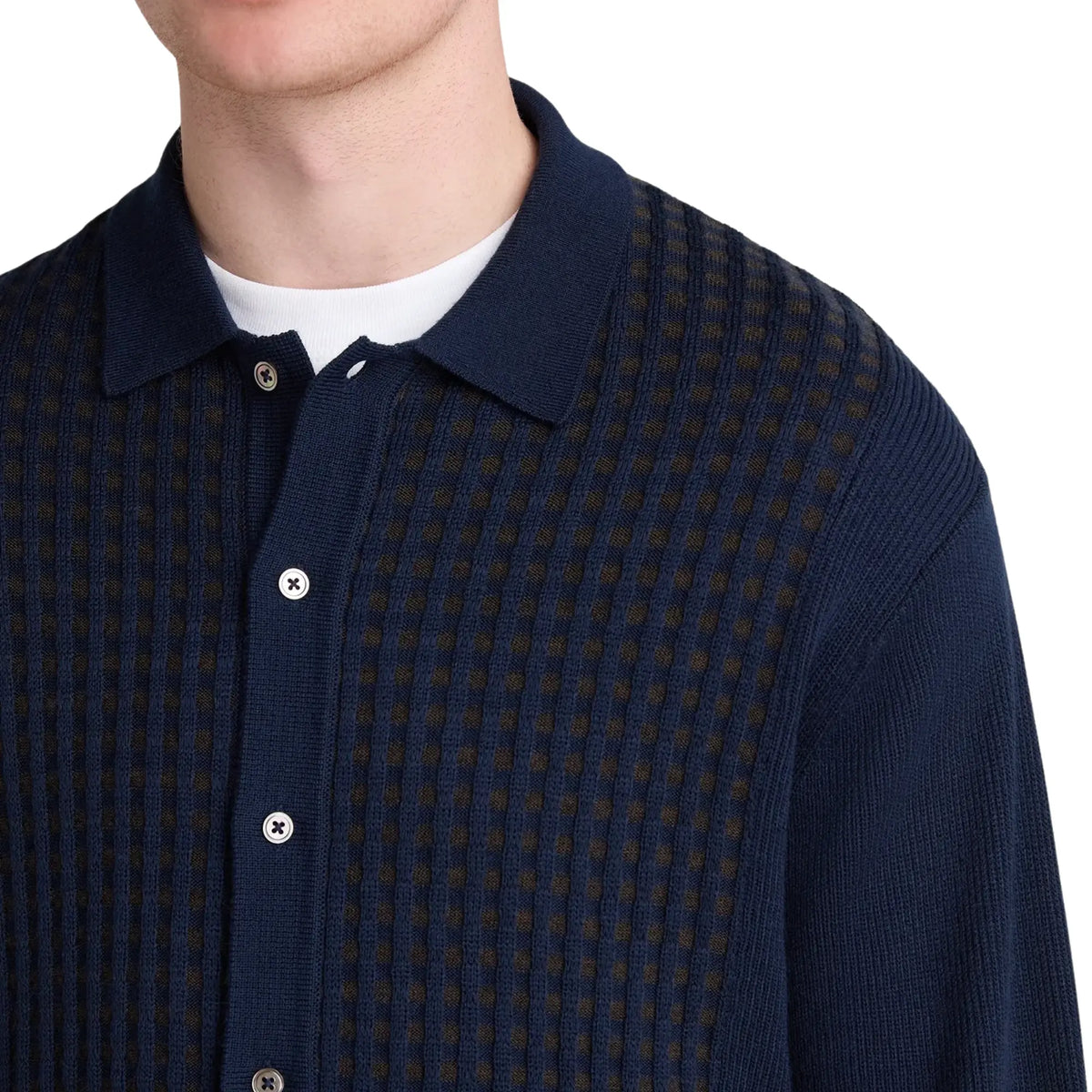 Buy Remus Uomo Navy Long Sleeve Button Thru Textured Polo | Long-Sleeved Polo Shirtss at Woven Durham