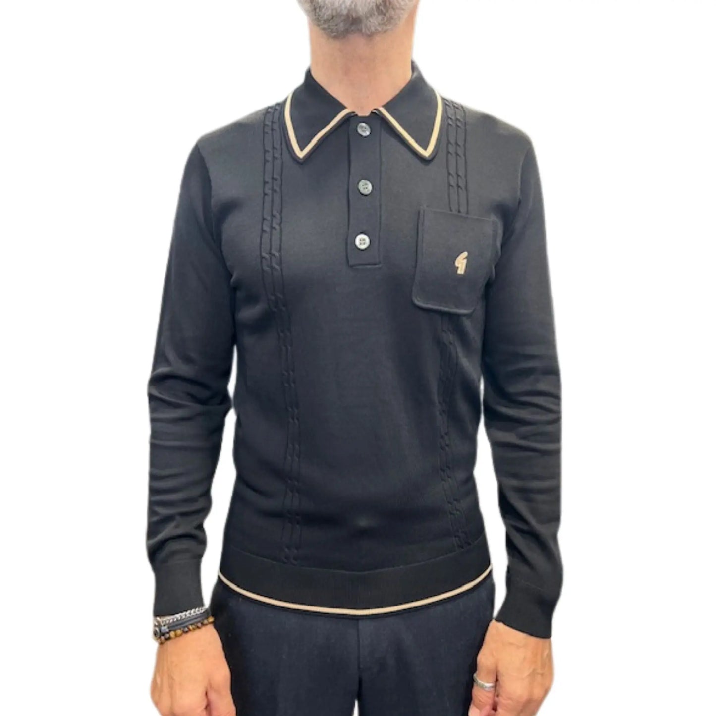 Buy Gabicci Vintage Ned 3-Button Long-Sleeve Polo - Black | Long-Sleeved Polo Shirtss at Woven Durham