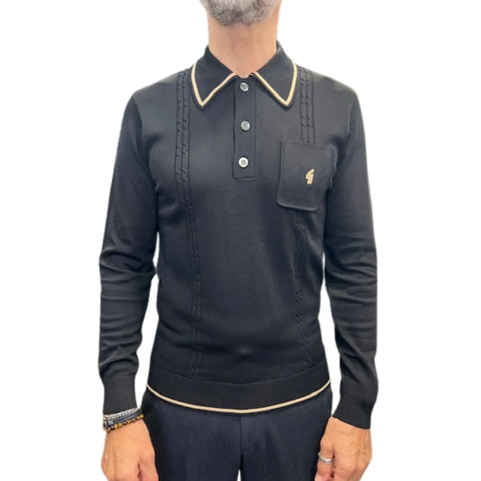 Buy Gabicci Vintage Ned 3-Button Long-Sleeve Polo - Black | Long-Sleeved Polo Shirtss at Woven Durham