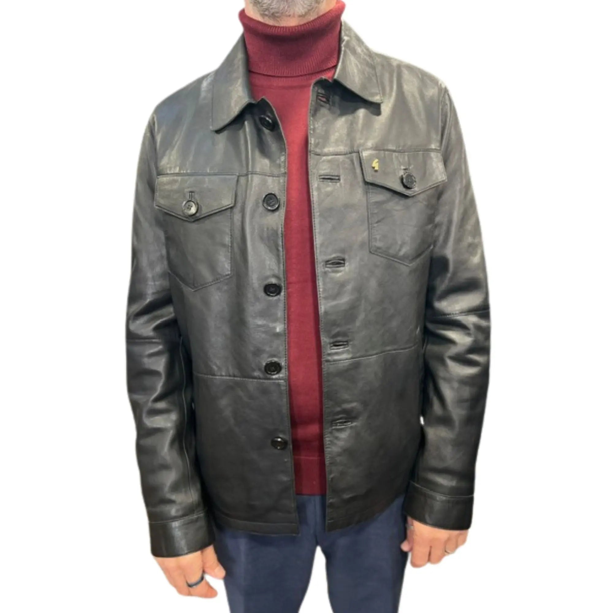 Gabicci Vintage Sam Black Leather Button Fasten Jacket | Woven