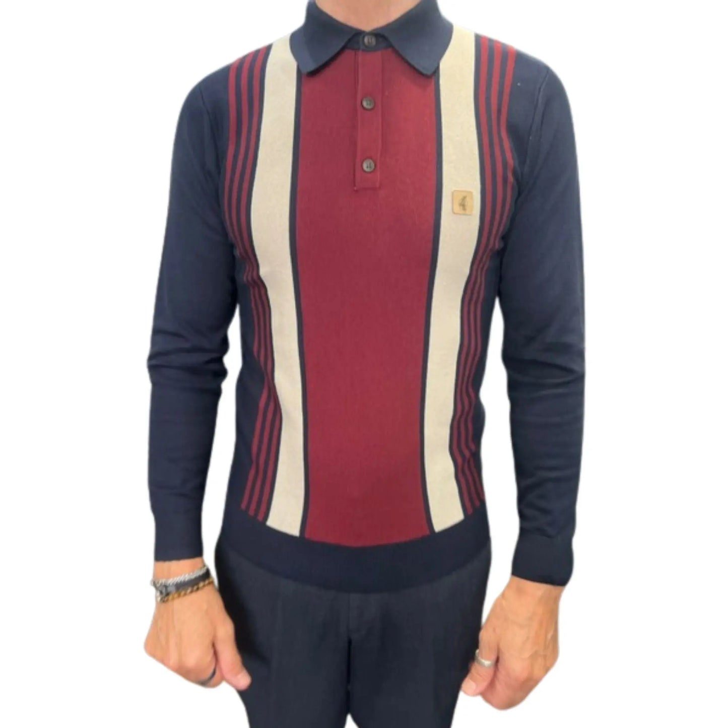 Buy Gabicci Vintage Searle Striped Knitted Polo Shirt - Navy | Short-Sleeved Polo Shirtss at Woven Durham