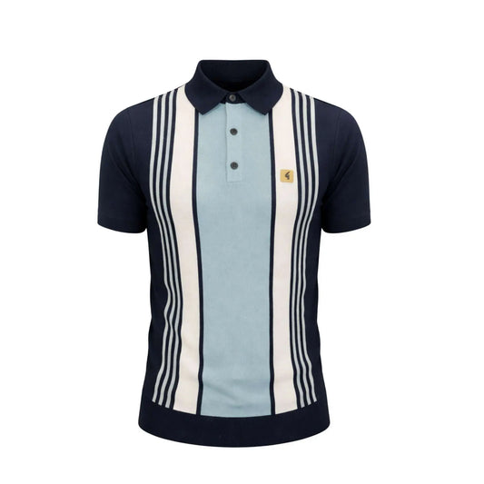 Buy Gabicci Vintage Searle Striped Knitted Polo Shirt - Navy | Short-Sleeved Polo Shirtss at Woven Durham