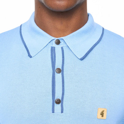 Buy Gabicci Vintage Sky Blue Lineker Trim Collar Long Sleeve Knitted Polo | Short-Sleeved Polo Shirtss at Woven Durham