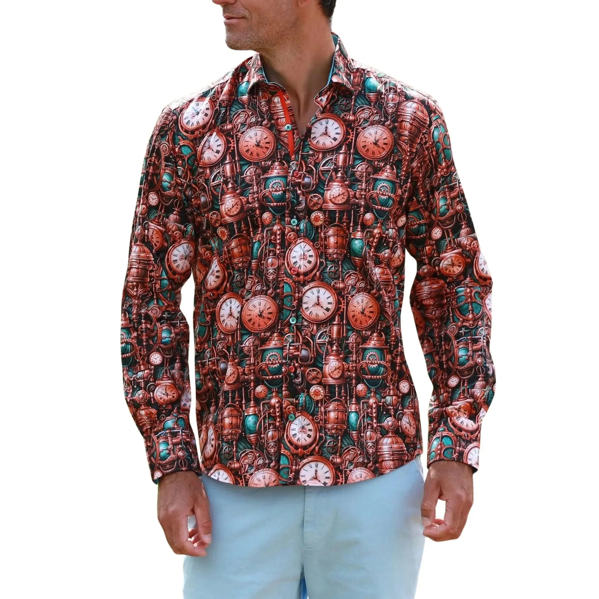Buy Claudio Lugli Steampunk Clock Print Shirt - Brown | Long-Sleeved Shirtss at Woven Durham
