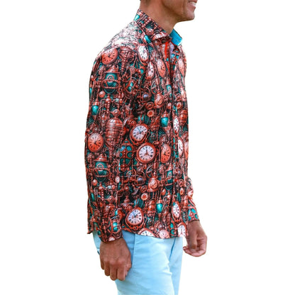 Buy Claudio Lugli Steampunk Clock Print Shirt - Brown | Long-Sleeved Shirtss at Woven Durham
