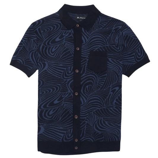 Buy Ben Sherman Swirl Jacquard Button Through Polo - Navy | Short-Sleeved Polo Shirtss at Woven Durham