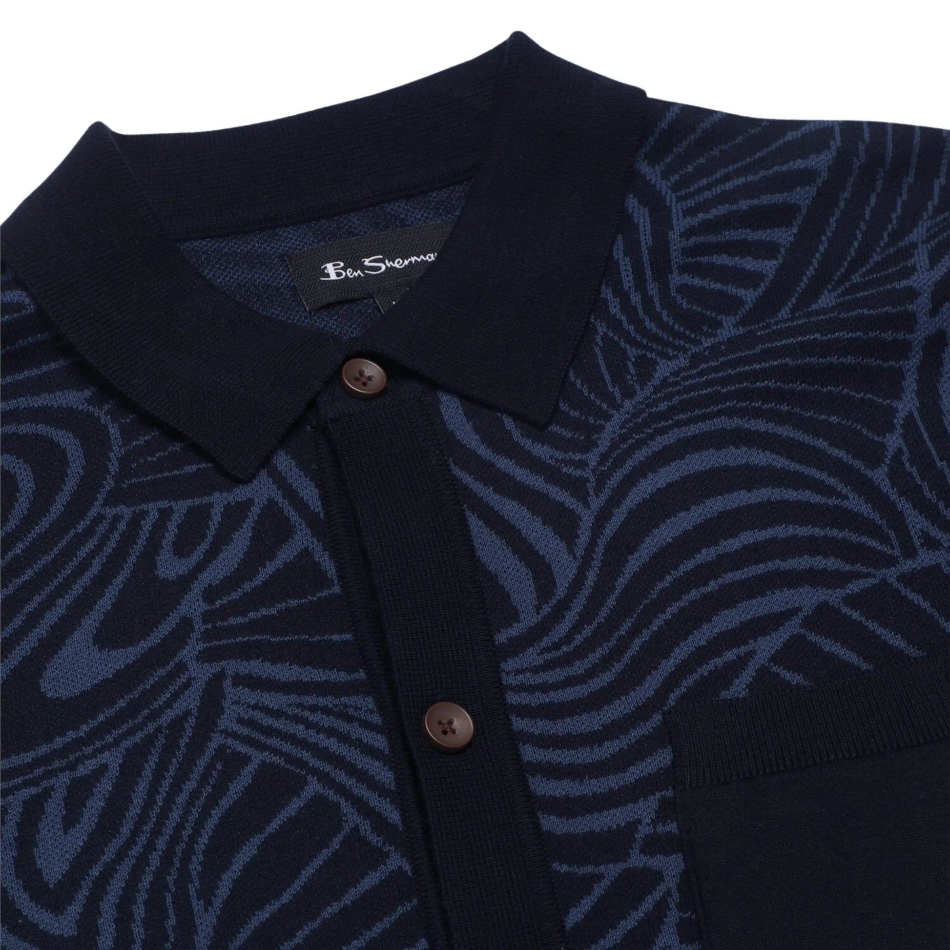 Buy Ben Sherman Swirl Jacquard Button Through Polo - Navy | Short-Sleeved Polo Shirtss at Woven Durham
