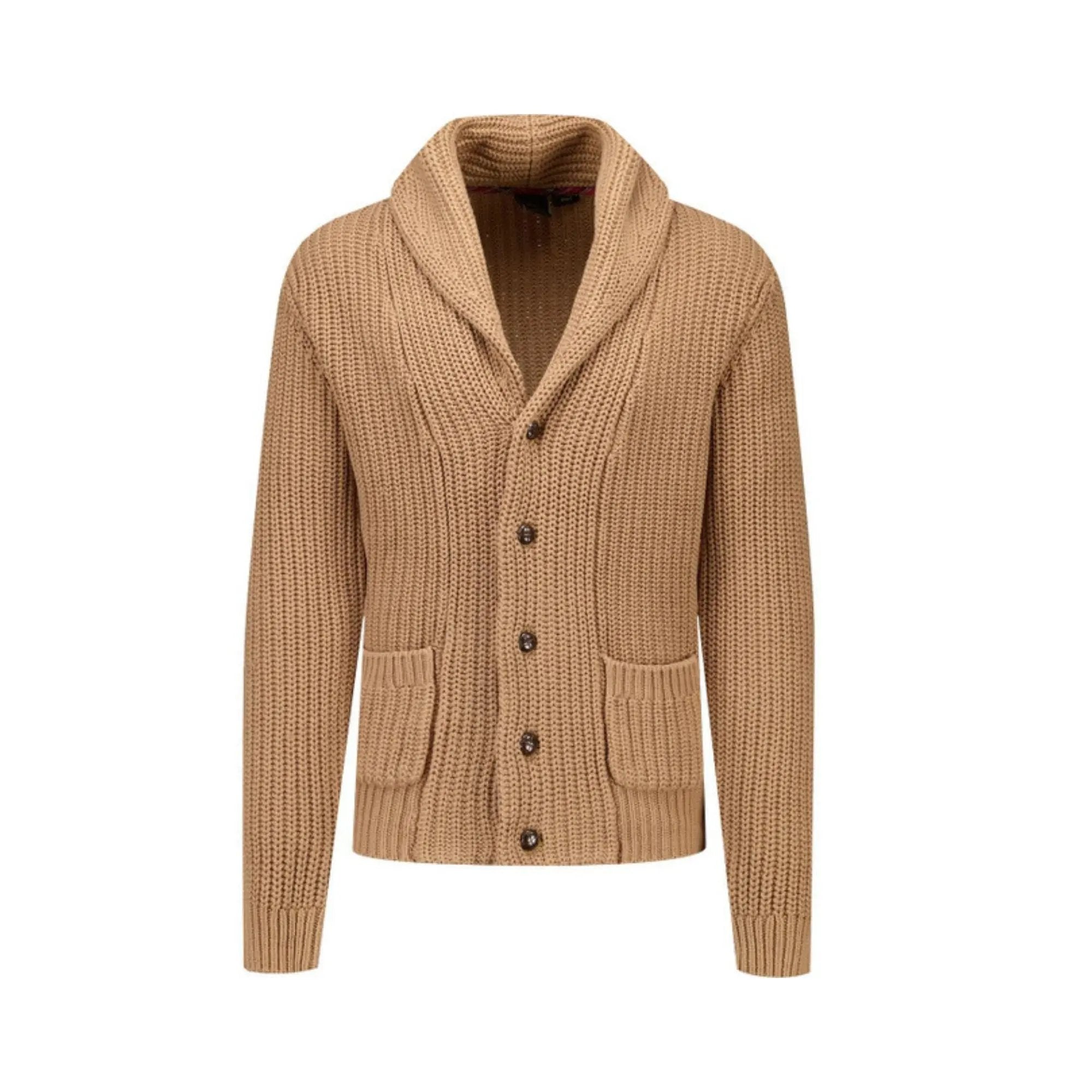 Merc London Tampere Camel Knitted Shawl Collar Cardigan | Woven