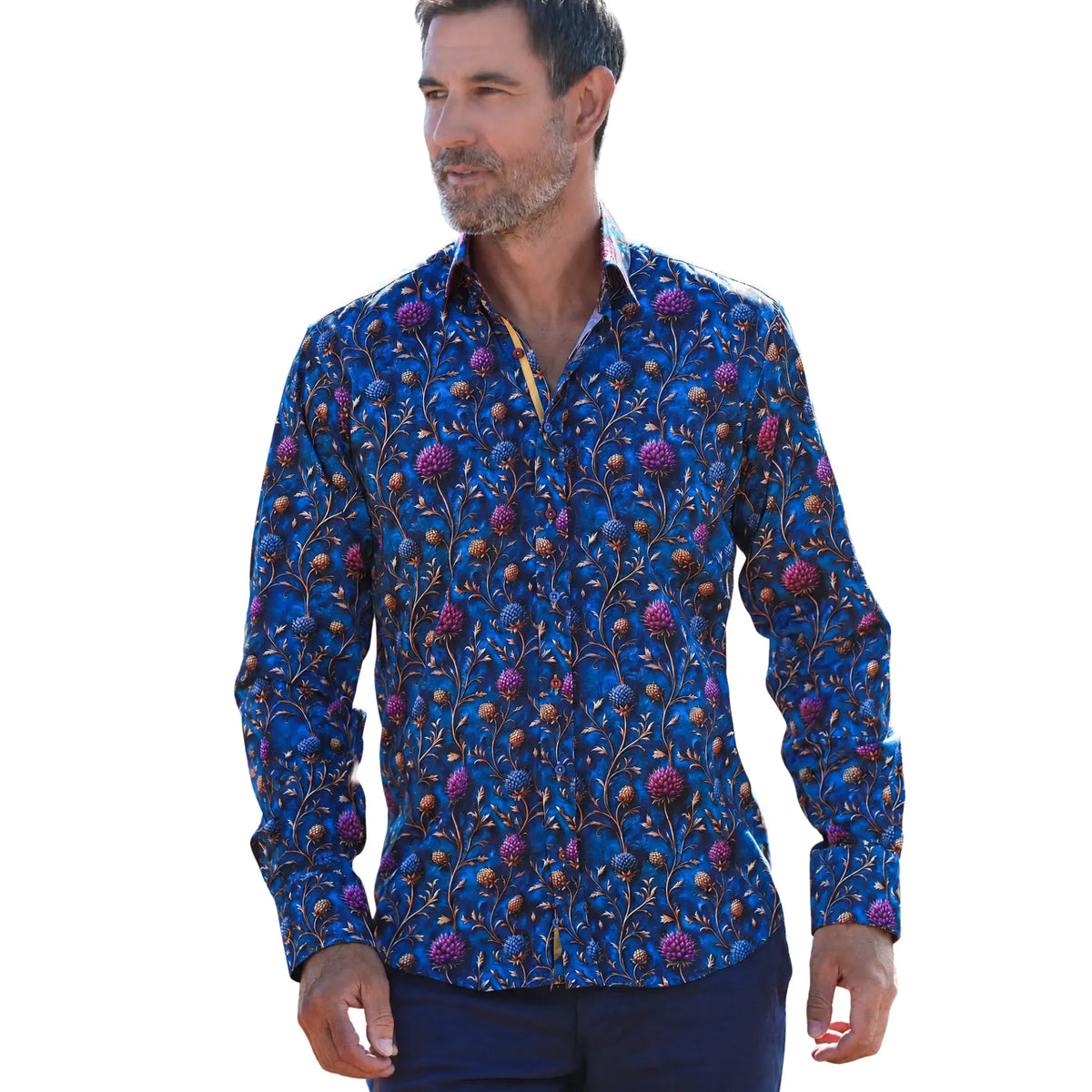 Buy Claudio Lugli Thistle Print Blue Long Sleeve Shirt | Long-Sleeved Shirtss at Woven Durham