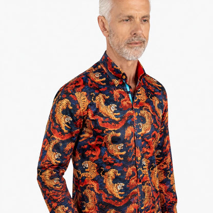 Buy Claudio Lugli Tiger and Dragon Print Navy Long Sleeve Shirt | Long-Sleeved Shirtss at Woven Durham