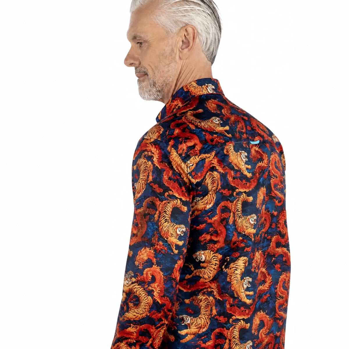 Buy Claudio Lugli Tiger and Dragon Print Navy Long Sleeve Shirt | Long-Sleeved Shirtss at Woven Durham