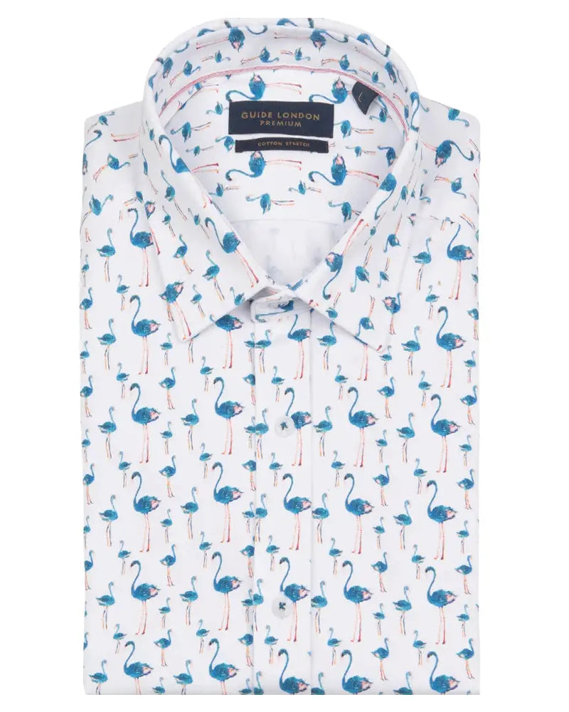 Buy Guide London Blue Flamingo Print Short Sleeve Shirt - White/Navy | Short-Sleeved Shirtss at Woven Durham