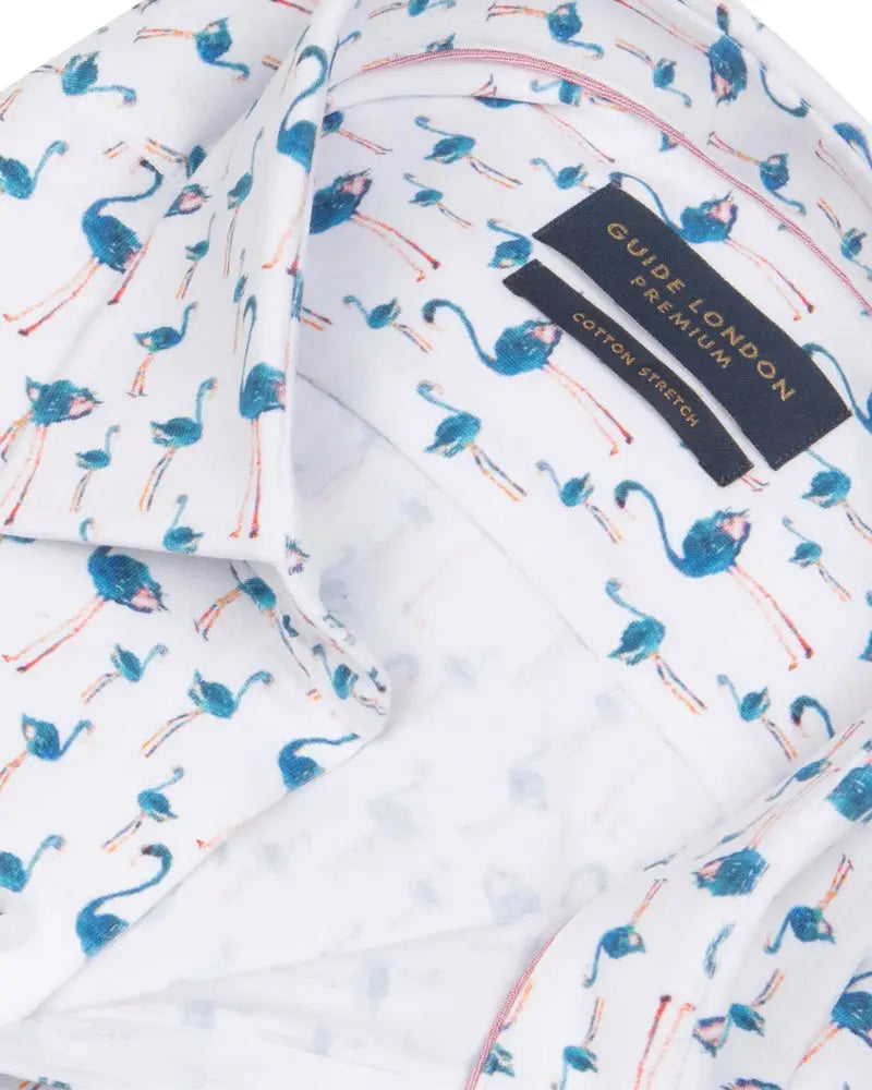 Buy Guide London Blue Flamingo Print Short Sleeve Shirt - White/Navy | Short-Sleeved Shirtss at Woven Durham