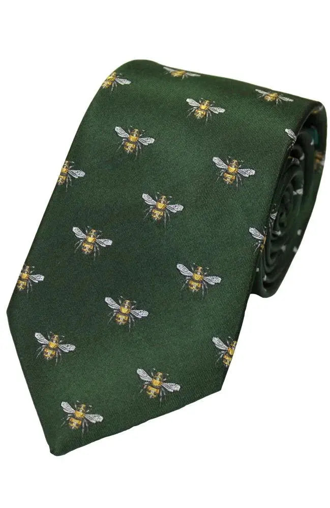 Knightsbridge Neckwear Bumble Bee Print Silk Tie - Green From Woven Durham
