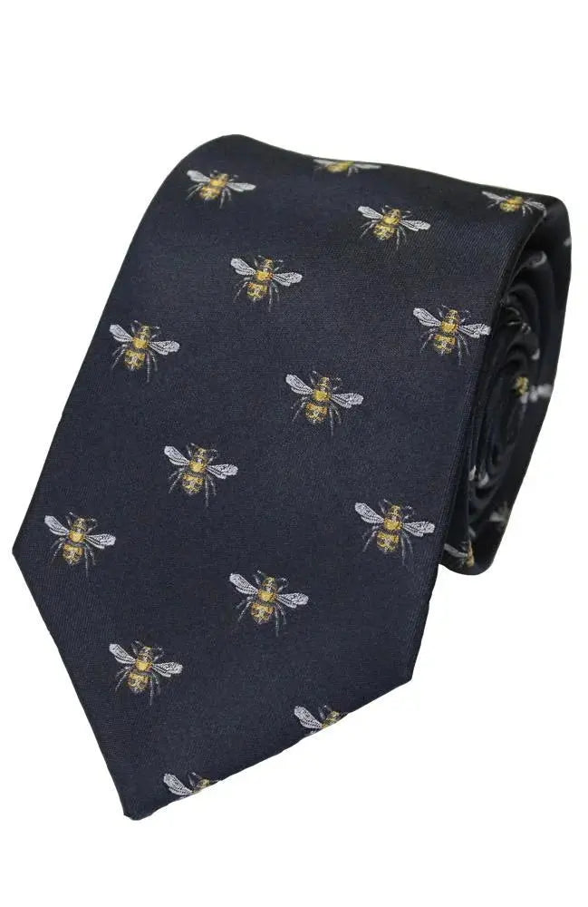 Knightsbridge Neckwear Bumble Bee Print Silk Tie - Navy From Woven Durham