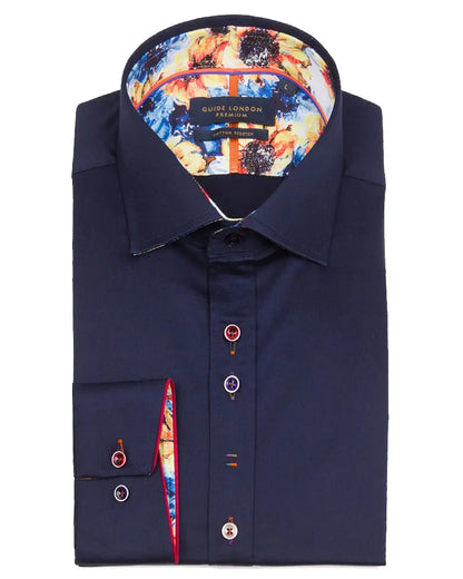 Buy Guide London Cut Away Collar Shirt with Contrast Sunflower Trim - Navy | Long-Sleeved Shirtss at Woven Durham