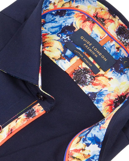 Buy Guide London Cut Away Collar Shirt with Contrast Sunflower Trim - Navy | Long-Sleeved Shirtss at Woven Durham