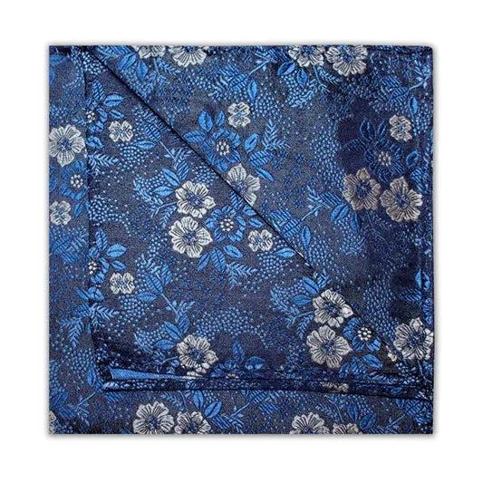 Floral Silk Pocket Square - Navy / Silver Knightsbridge Neckwear