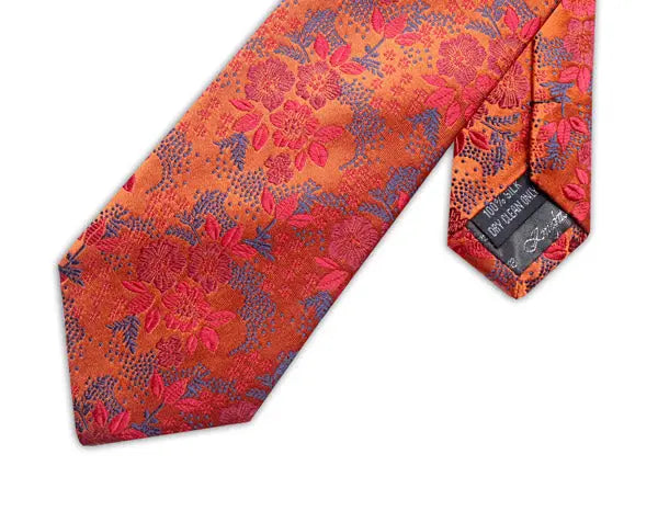 Knightsbridge Neckwear Floral Silk Tie - Orange / Red From Woven Durham