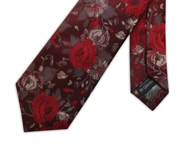 Knightsbridge Neckwear Floral Silk Tie - Red / Burgundy From Woven Durham