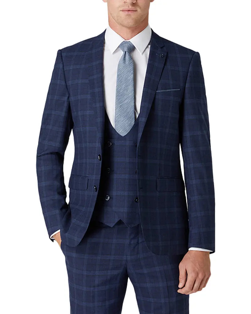 Remus Uomo Lanzo Check Suit Waistcoat - Navy From Woven Durham