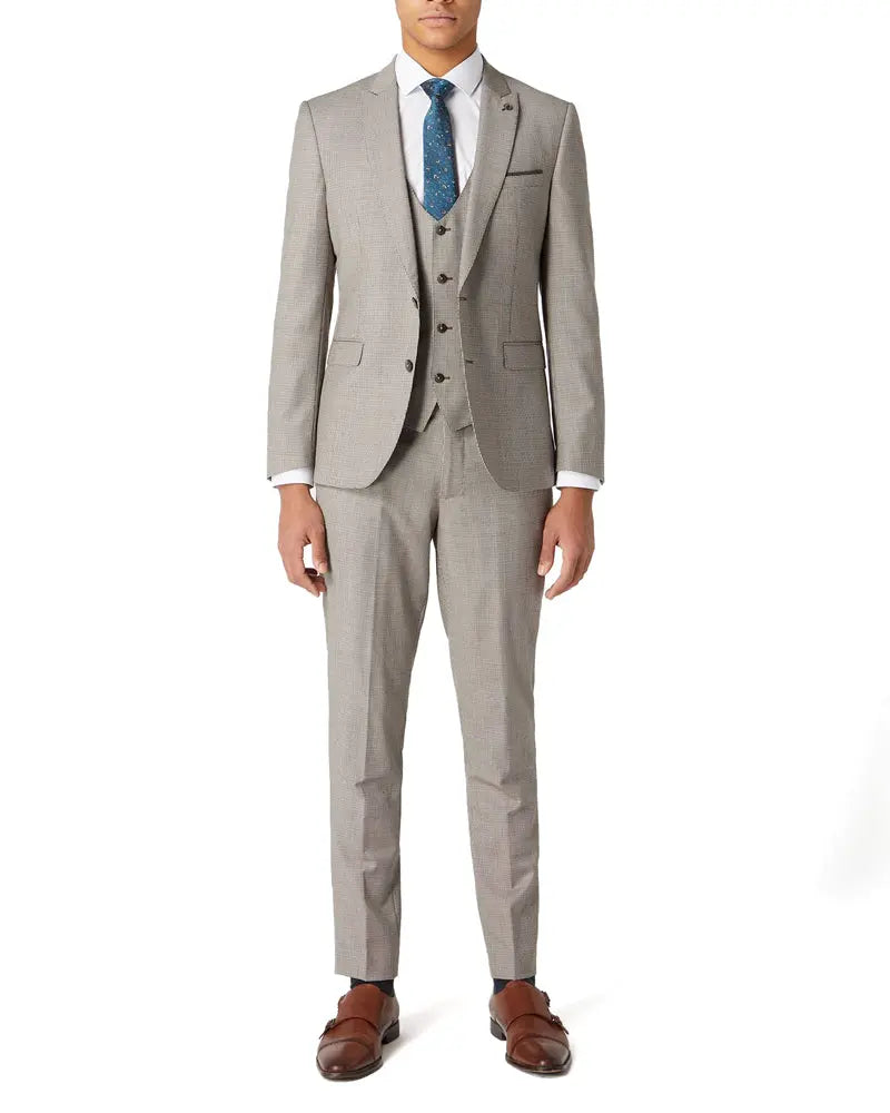 Remus Uomo Mario Micro Houndstooth Suit Trousers - Beige From Woven Durham