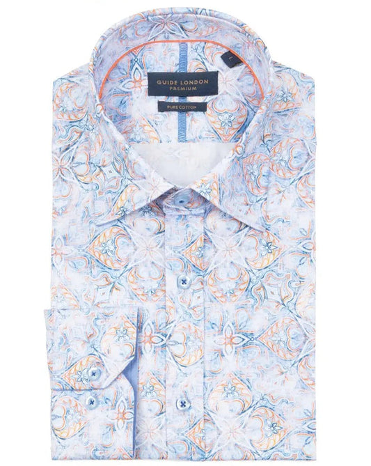 Buy Guide London Moroccan Title Print Shirt - Blue / Orange | Long-Sleeved Shirtss at Woven Durham